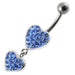 Fancy Double Red Jeweled Heart Dangling SS Bar Navel Ring - Monster Piercing