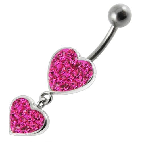 Fancy Double Red Jeweled Heart Dangling SS Bar Navel Ring - Monster Piercing