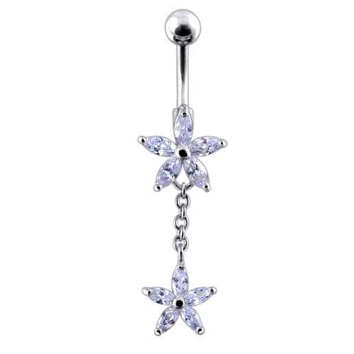 Fancy Jeweled Double Flower Dangling SS Banana Bar Navel Ring - Monster Piercing