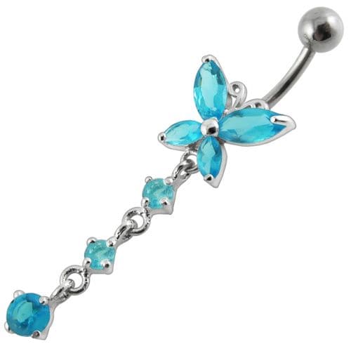 Fancy Long Tail Flower Jeweled Dangling Navel Ring - Monster Piercing