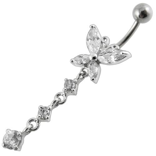 Fancy Long Tail Flower Jeweled Dangling Navel Ring - Monster Piercing