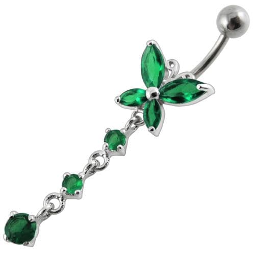 Fancy Long Tail Flower Jeweled Dangling Navel Ring - Monster Piercing