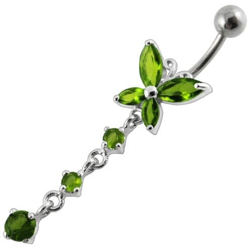 Fancy Long Tail Flower Jeweled Dangling Navel Ring - Monster Piercing