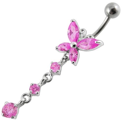 Fancy Long Tail Flower Jeweled Dangling Navel Ring - Monster Piercing