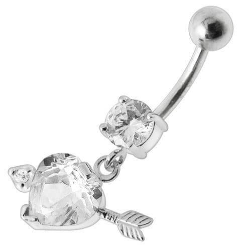 Fancy Jeweled Arrow Heart Dangling Banana Bar Belly Ring - Monster Piercing