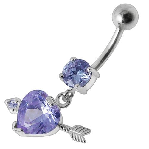 Fancy Jeweled Arrow Heart Dangling Banana Bar Belly Ring - Monster Piercing