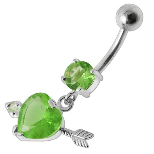 Fancy Jeweled Arrow Heart Dangling Banana Bar Belly Ring - Monster Piercing