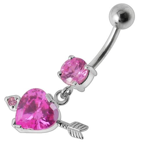 Fancy Jeweled Arrow Heart Dangling Banana Bar Belly Ring - Monster Piercing