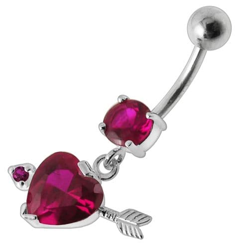 Fancy Jeweled Arrow Heart Dangling Banana Bar Belly Ring - Monster Piercing