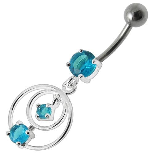 Silver Fancy Round Jeweled Dangling Navel Ring - Monster Piercing