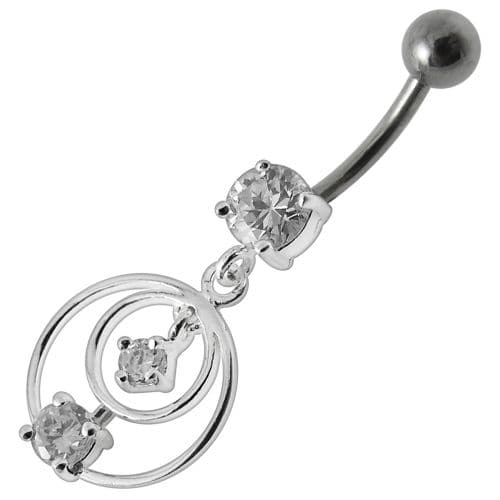 Silver Fancy Round Jeweled Dangling Navel Ring - Monster Piercing