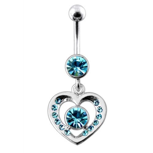 Fancy Jeweled Heart And Centered Stone Dangling Belly Ring Body Jewelry - Monster Piercing