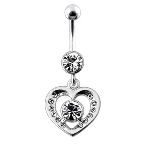 Fancy Jeweled Heart And Centered Stone Dangling Belly Ring Body Jewelry - Monster Piercing