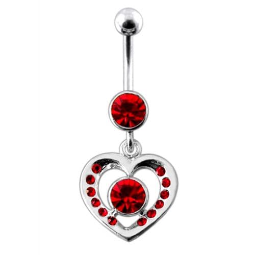 Fancy Jeweled Heart And Centered Stone Dangling Belly Ring Body Jewelry - Monster Piercing