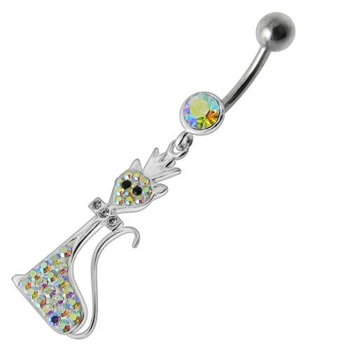 Fancy Black Jeweled Pussy Cat  With Crown Dangling SS Banana Bar Belly Ring - Monster Piercing