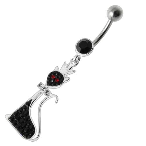 Fancy Black Jeweled Pussy Cat  With Crown Dangling SS Banana Bar Belly Ring - Monster Piercing