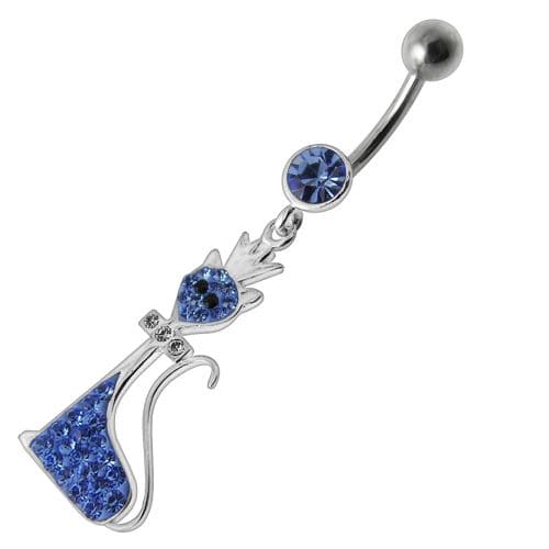 Fancy Black Jeweled Pussy Cat  With Crown Dangling SS Banana Bar Belly Ring - Monster Piercing