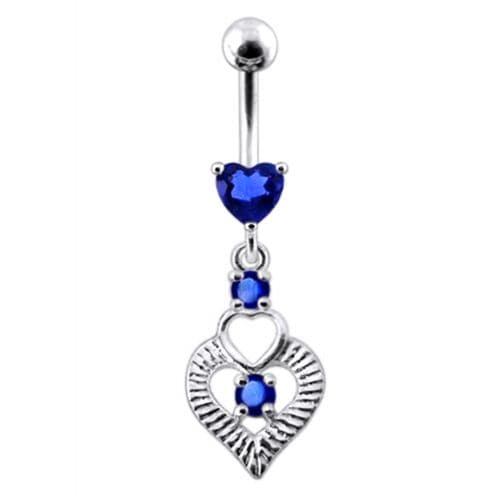 Silver Fancy Heart Jeweled Heart Dangling Banana Belly Ring - Monster Piercing