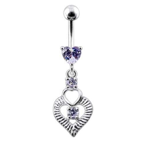 Silver Fancy Heart Jeweled Heart Dangling Banana Belly Ring - Monster Piercing