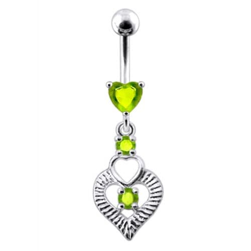 Silver Fancy Heart Jeweled Heart Dangling Banana Belly Ring - Monster Piercing