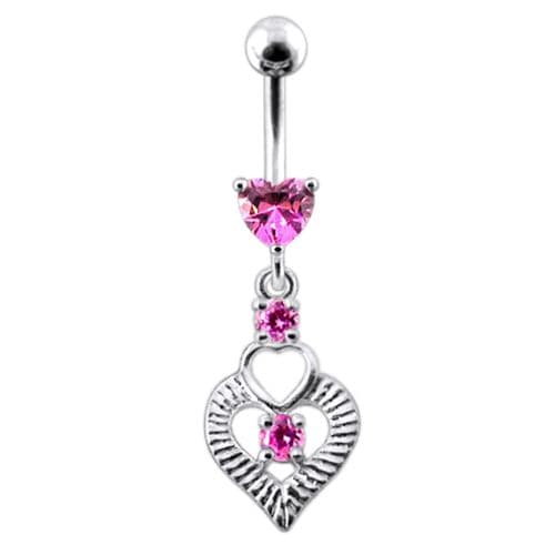 Silver Fancy Heart Jeweled Heart Dangling Banana Belly Ring - Monster Piercing