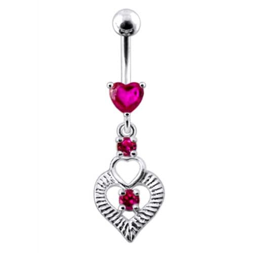 Silver Fancy Heart Jeweled Heart Dangling Banana Belly Ring - Monster Piercing