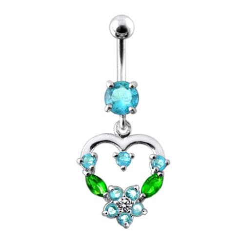 Silver Fancy Mix Color Jeweled Heart Dangling SS Bar Belly Ring - Monster Piercing