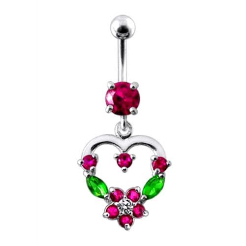 Silver Fancy Mix Color Jeweled Heart Dangling SS Bar Belly Ring - Monster Piercing