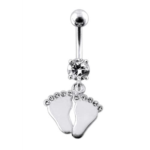 Silver Fancy Foot Print Jeweled Dangling Belly Ring - Monster Piercing