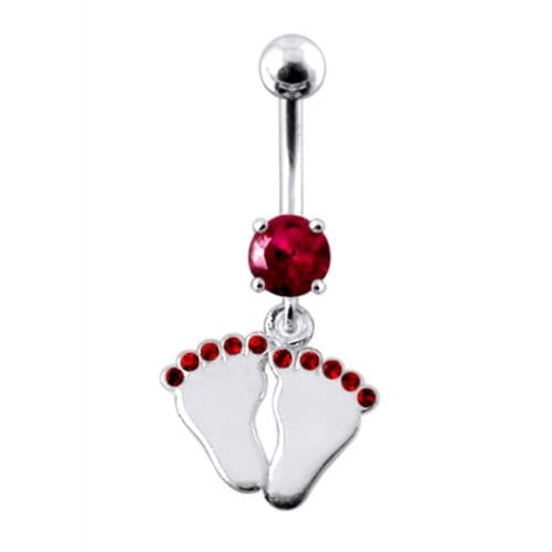 Silver Fancy Foot Print Jeweled Dangling Belly Ring - Monster Piercing