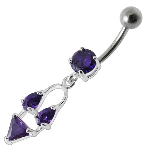 Silver Fancy Double Stone Jeweled Dangling Navel Ring - Monster Piercing