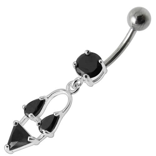 Silver Fancy Double Stone Jeweled Dangling Navel Ring - Monster Piercing