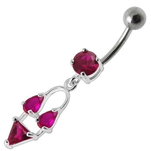 Silver Fancy Double Stone Jeweled Dangling Navel Ring - Monster Piercing