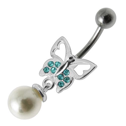 Fancy Butterfly Jeweled Pearl Dangling Curved Belly Ring Body Jewelry - Monster Piercing