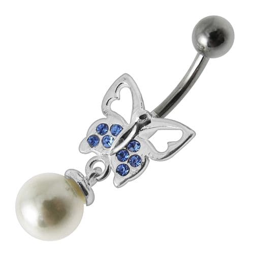 Fancy Butterfly Jeweled Pearl Dangling Curved Belly Ring Body Jewelry - Monster Piercing