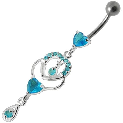 Fancy Jeweled Dangling Heart With Banana Bar Belly Ring Body Jewelry - Monster Piercing