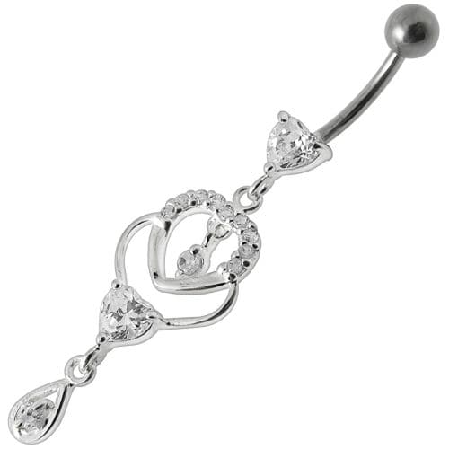 Fancy Jeweled Dangling Heart With Banana Bar Belly Ring Body Jewelry - Monster Piercing