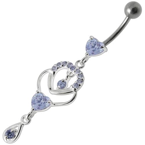 Fancy Jeweled Dangling Heart With Banana Bar Belly Ring Body Jewelry - Monster Piercing