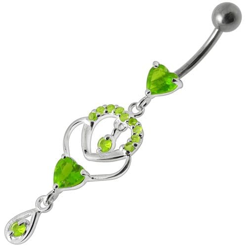 Fancy Jeweled Dangling Heart With Banana Bar Belly Ring Body Jewelry - Monster Piercing