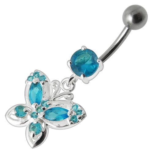 Fancy Jeweled Butterfly Silver Dangling  Bar Belly Ring - Monster Piercing