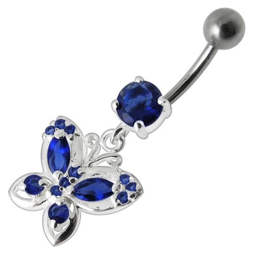 Fancy Jeweled Butterfly Silver Dangling  Bar Belly Ring - Monster Piercing