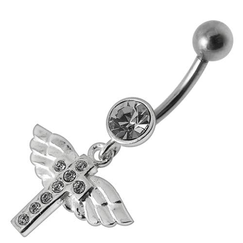 Jeweled Flying Cross Dangling Belly Ring - Monster Piercing