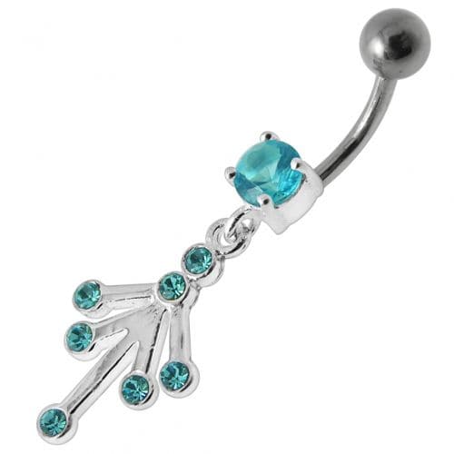 Fancy Jeweled Silver Dangling With Curved Bar Belly Ring Body Jewelry - Monster Piercing