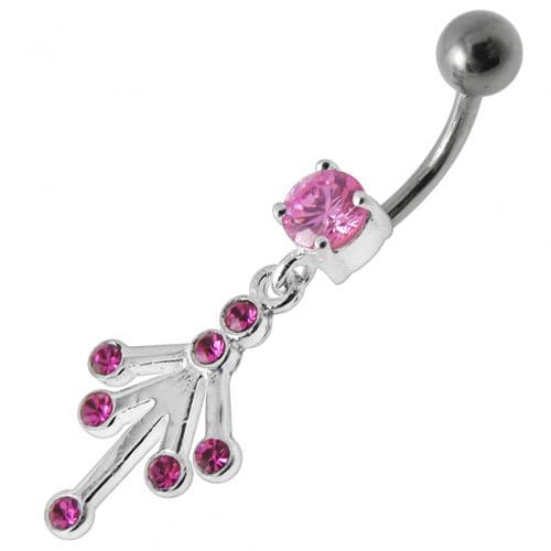 Fancy Jeweled Silver Dangling With Curved Bar Belly Ring Body Jewelry - Monster Piercing