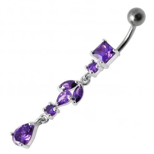 Fancy Multi Stone Jeweled Dangling Banana Bar Belly Button Ring - Monster Piercing