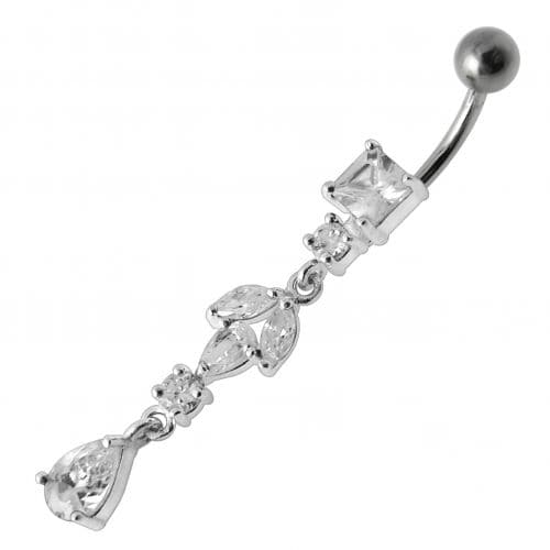 Fancy Multi Stone Jeweled Dangling Banana Bar Belly Button Ring - Monster Piercing