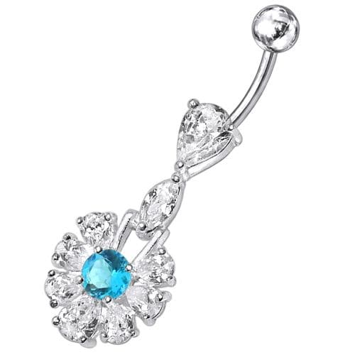 Fancy White Stone Jeweled  Stone Centered Dangling Belly Ring - Monster Piercing