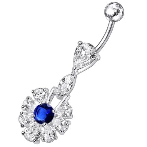 Fancy White Stone Jeweled  Stone Centered Dangling Belly Ring - Monster Piercing