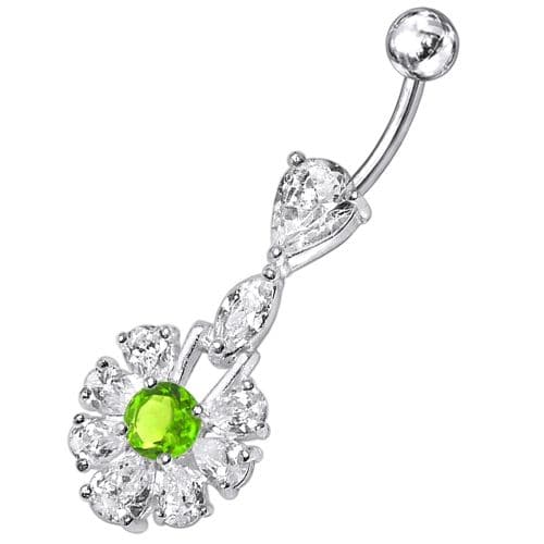 Fancy White Stone Jeweled  Stone Centered Dangling Belly Ring - Monster Piercing