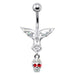 Fancy Silver Jeweled Devil Skull Dangling Ss Banana Bar Belly Ring - Monster Piercing